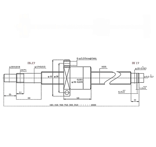 Plano técnico de Kit Husillo SFU1605 1000  mm con Soportes Laterales FK/FF12 (PC00540) para maquinaria CNC y automatización industrial