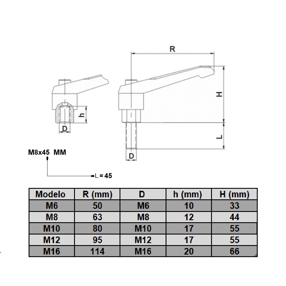 Manilla Sujeción Macho M8x45 mm