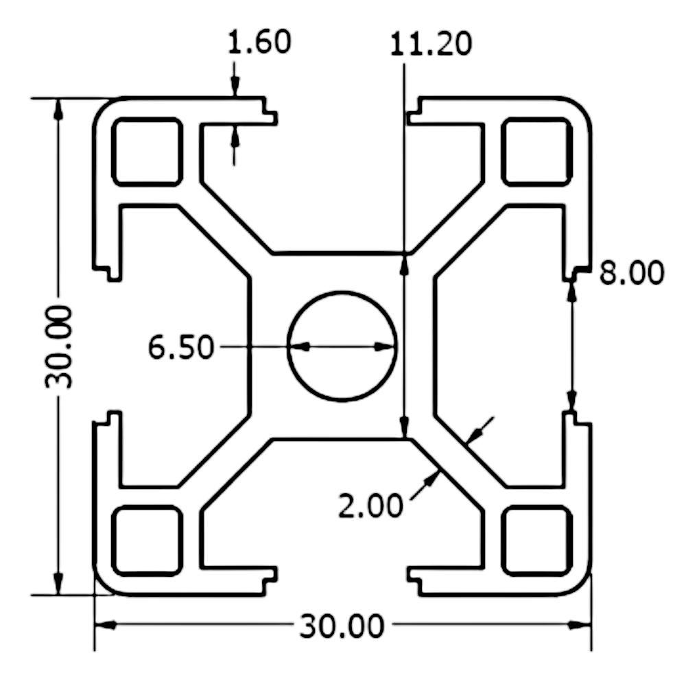 Perfil Estructural Aluminio Tslot 30x30x2000 mm