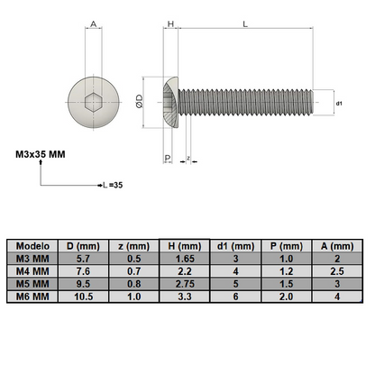 Perno Allen M6X8 mm cabeza de botón (Pack 50 und)