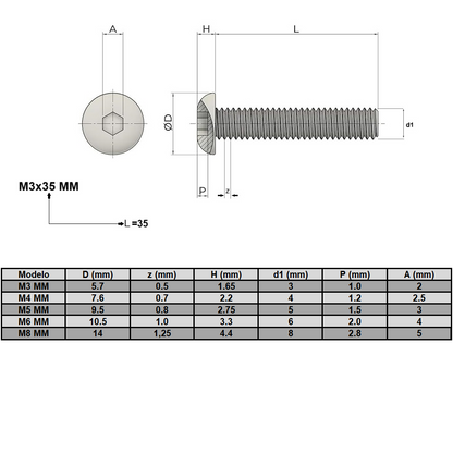 Perno Allen M6x12 mm Cabeza Botón Circular (pack 50 unds)