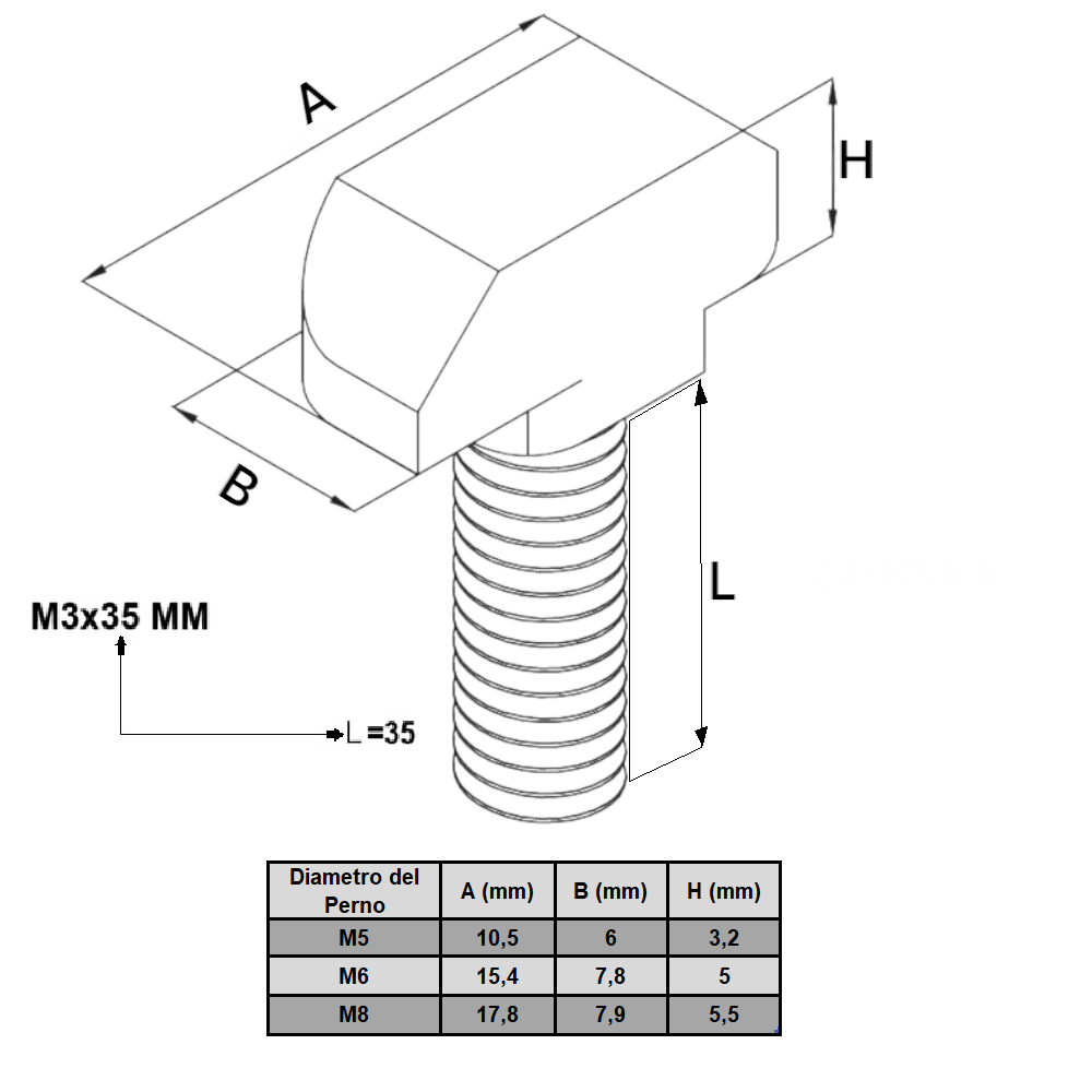 Pernos Cabeza Martillo M6x16 mm Perfil 30x30 (pack 25 unds)