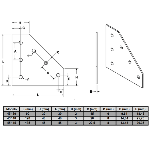 Plano técnico de Placa escuadra 45° ángulo perfil estructural 40 mate (pack 2 und) (PC00598) para maquinaria CNC y automatización industrial