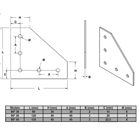 Plano técnico de Placa escuadra 90° ángulo perfil estructural 40 mm mate (pack 2 und) (PC00595) para maquinaria CNC y automatización industrial