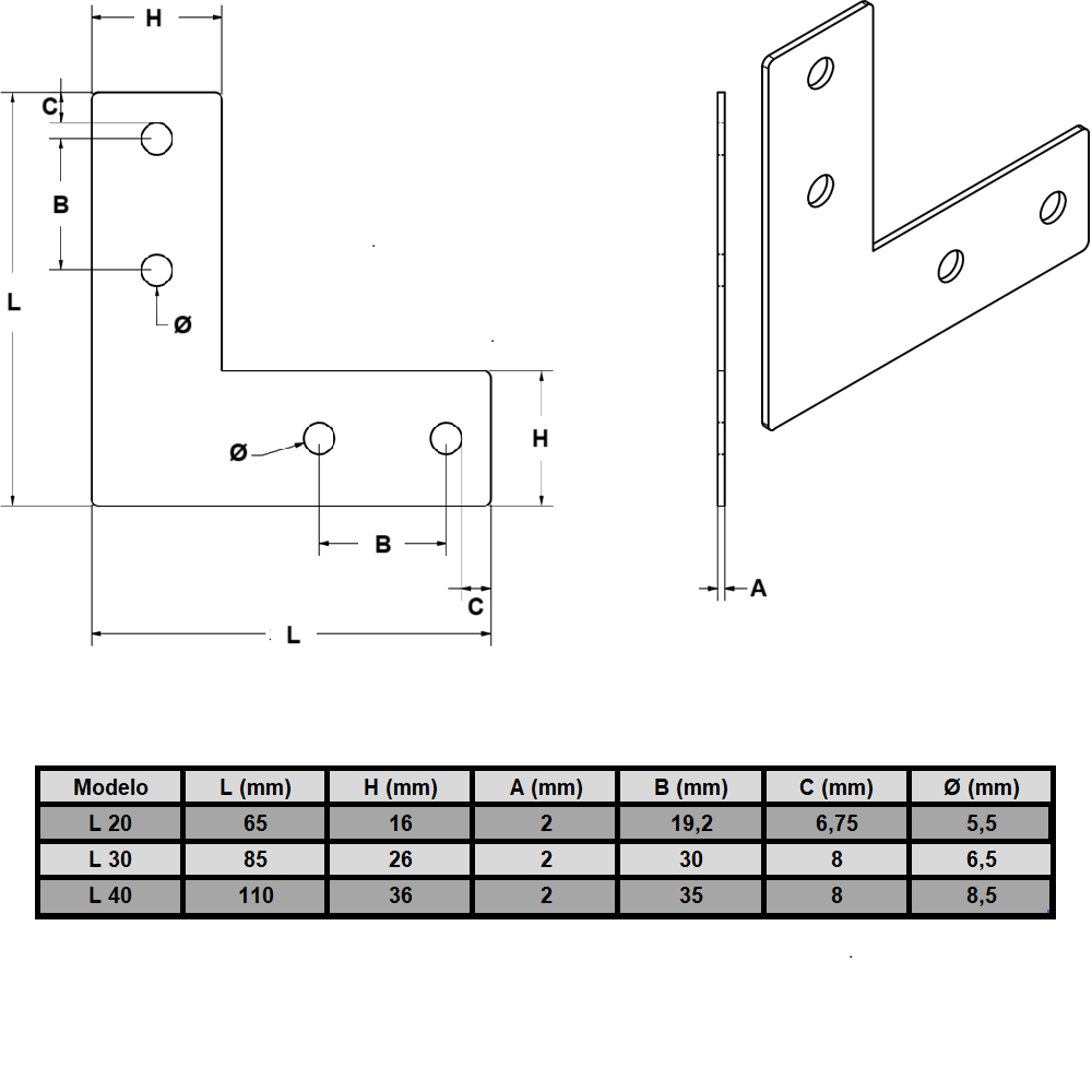Placa soporte tipo L para perfil 40 mm mate (pack 2 und)
