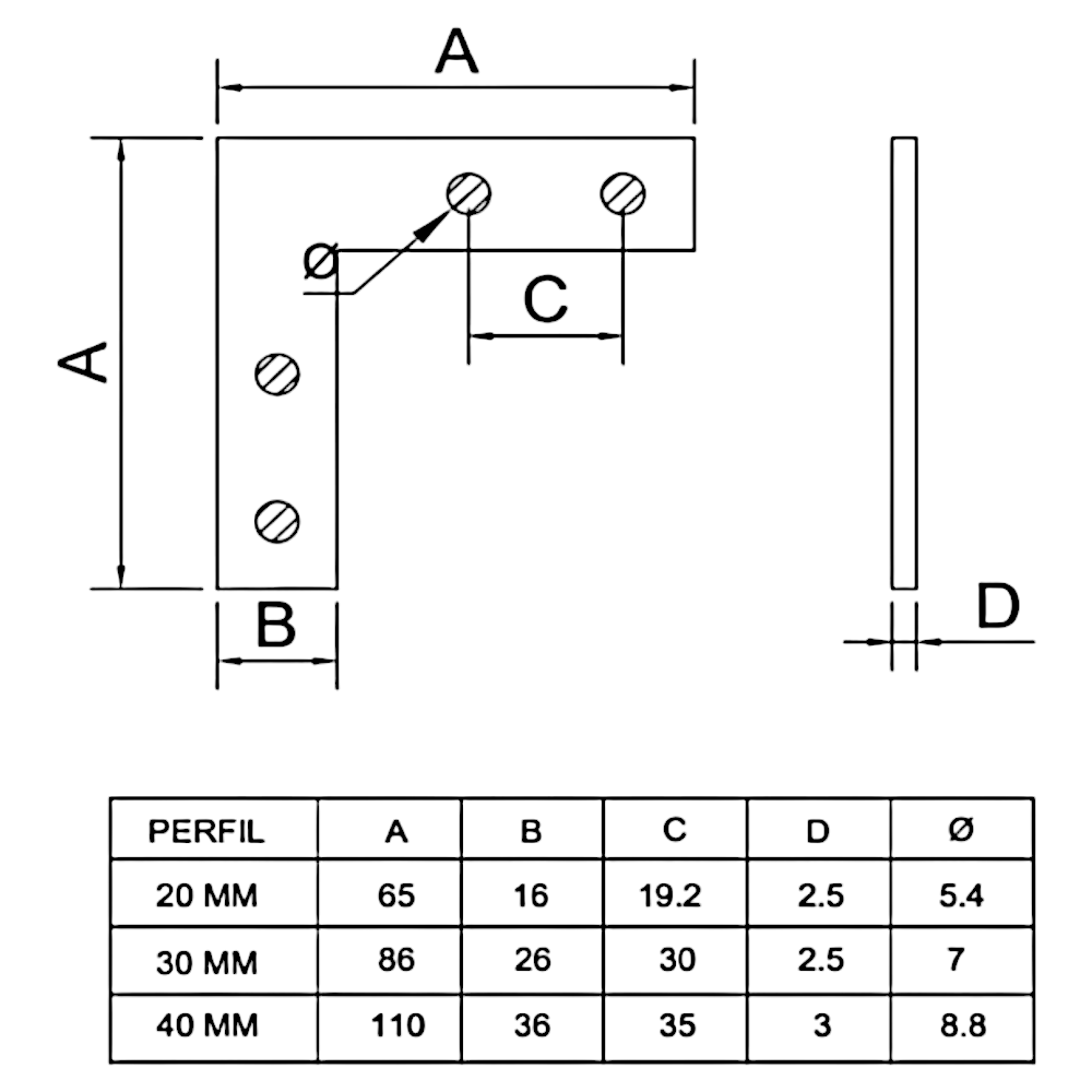 Placa soporte tipo L para perfil Tslot 30 mm (pack 2 und)