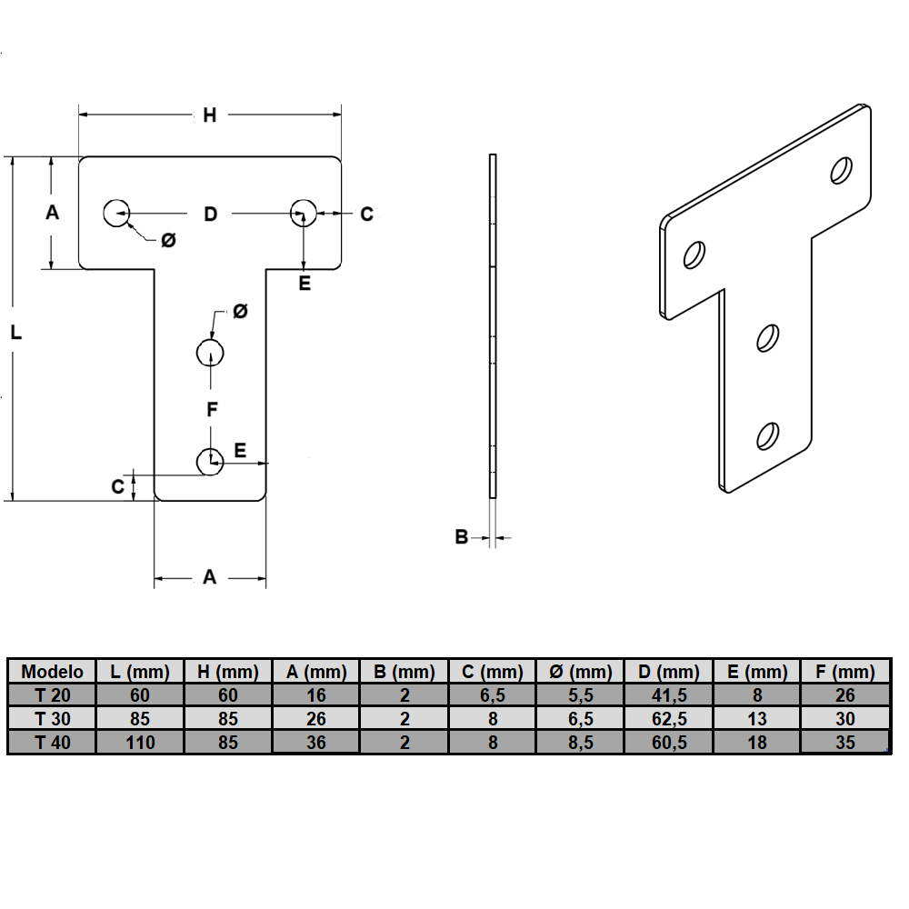 Placas Unión Tipo T Mate Para Perfil TSLOT + Pernos + Golillas + Tuercas Corredizas (Pack 25 Placas)