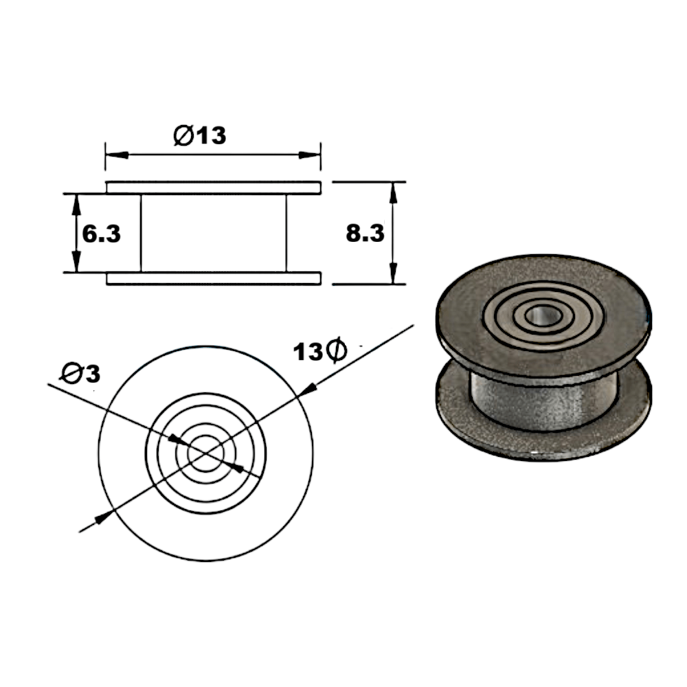 Polea de sincronización GT2-6 mm 16T sin diente (D.I 3mm)