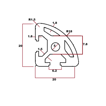 Perfil estructural semi circular aluminio Tslot 20x20x2000 mm