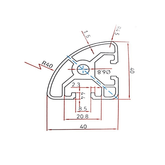 Perfil estructural semi circular aluminio Tslot 40x40x3000 mm