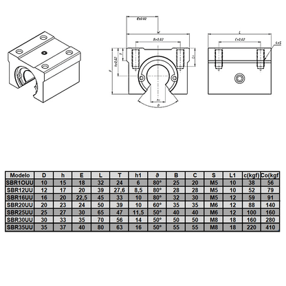 Kit SBR20-3000 mm con Rodamientos SBR20UU Eje Lineal