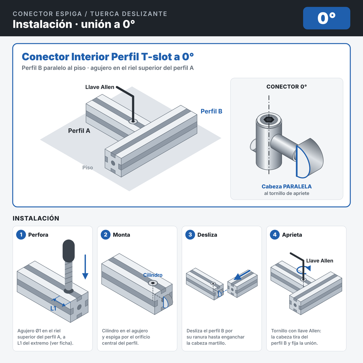 Instalación de Conector Interior Perfil T-slot a 0° (PC00738) para maquinaria CNC y automatización industrial