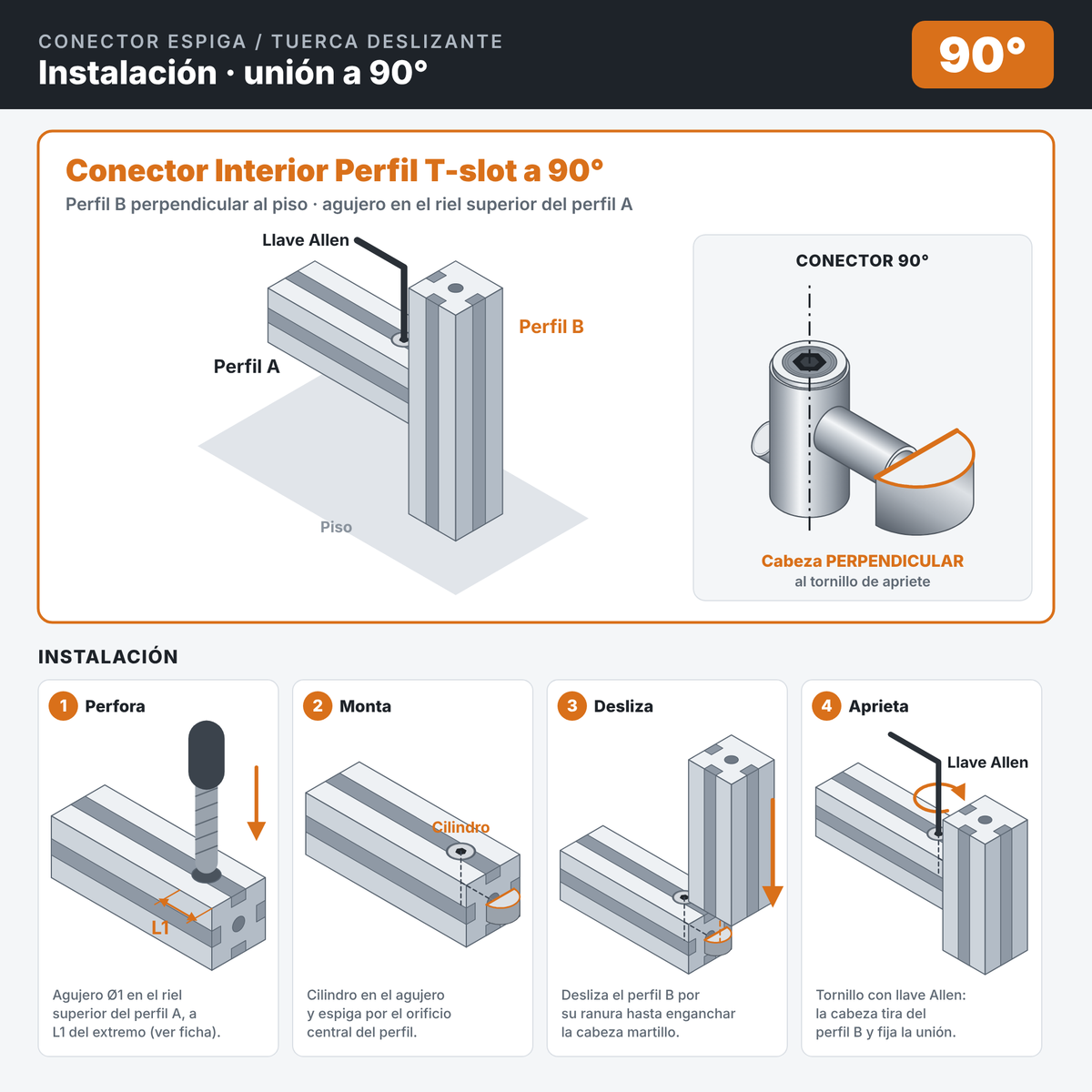 Instalación de Conector Interior Perfil T-slot a 90° (PC00739) para maquinaria CNC y automatización industrial
